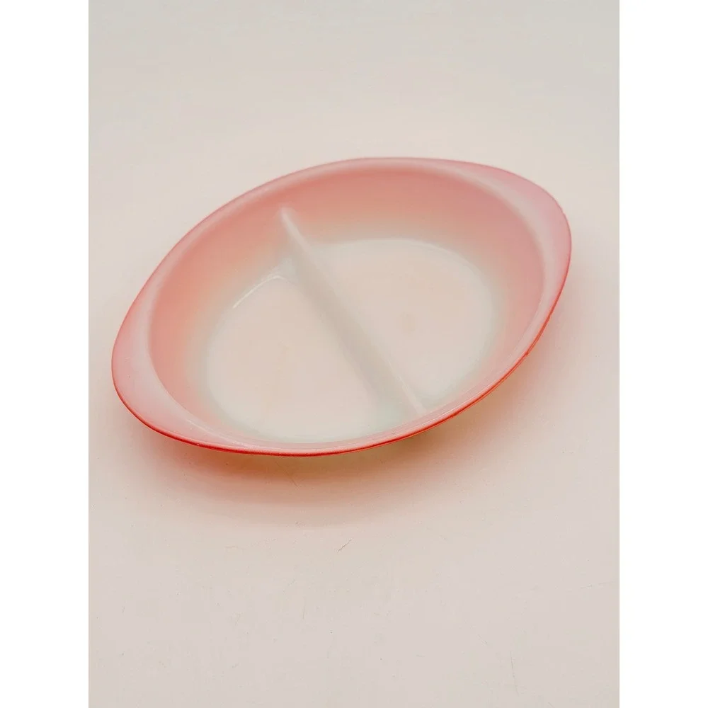 Vintage Glasbake Red Ombre Milk Glass Divided Serving Dish Oval MCM 1.5 Qt USA